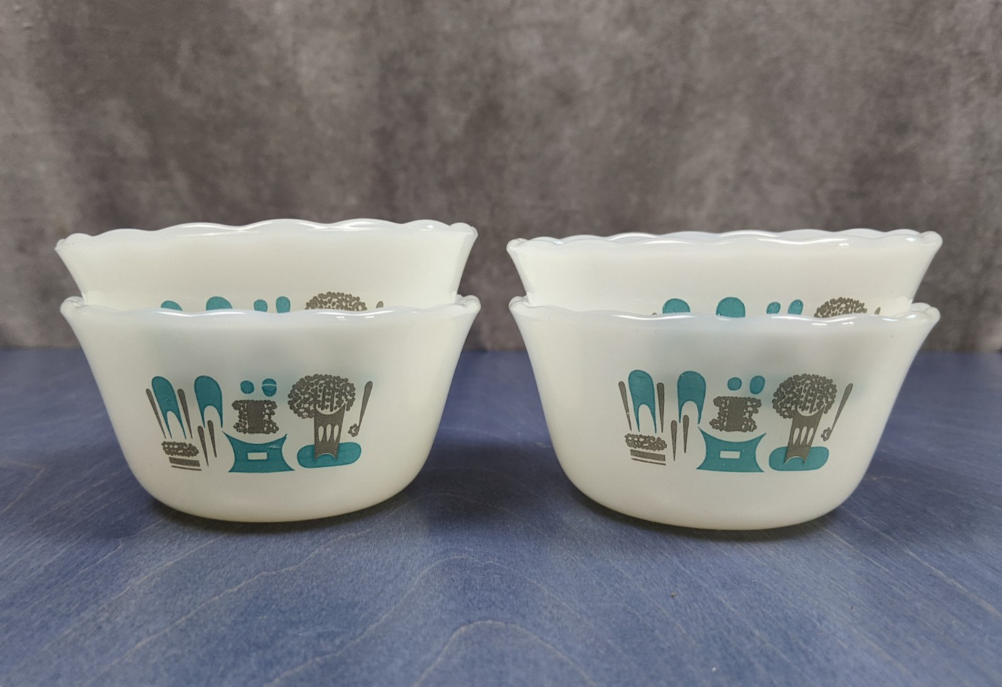 Anchor Hocking Blue Heaven Custard Cup Dessert Set of 4 Vintage Atomic MCM