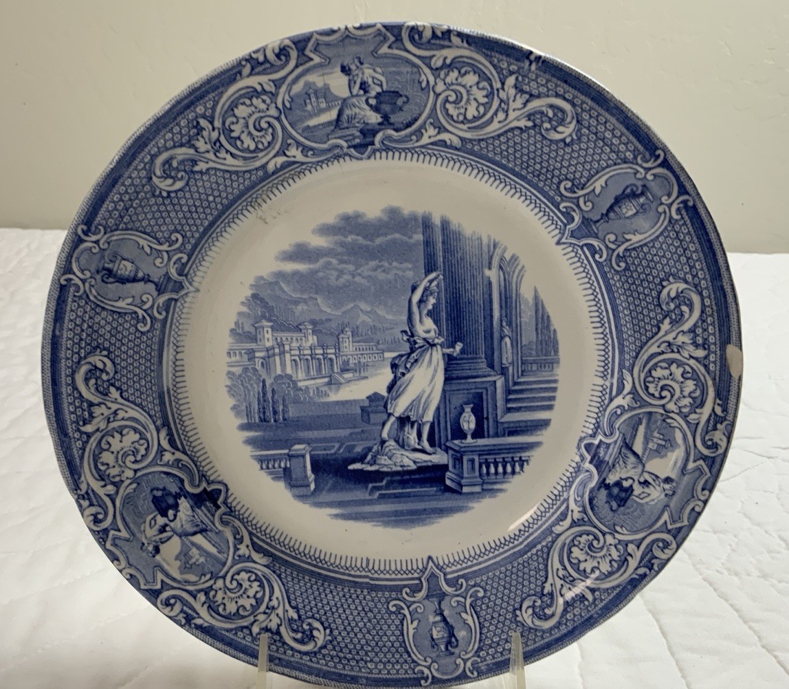 Antique Blue Transferware Dinner Plate, UK,, Grecian Lady & Castle, Davenport