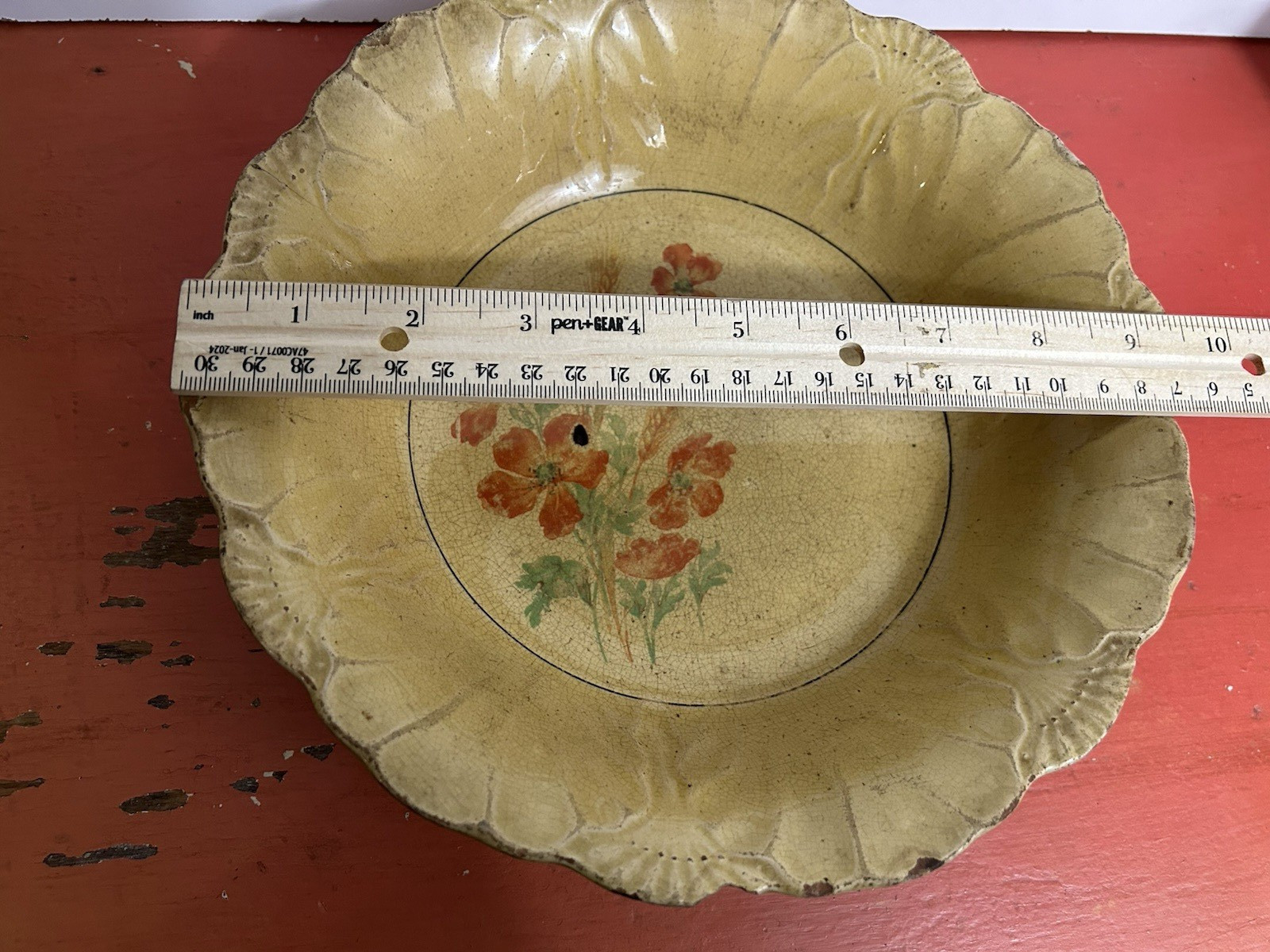 Antique Vintage Serving BOWL Heavily Stained & Crazed Toasty Floral Queen Wheat