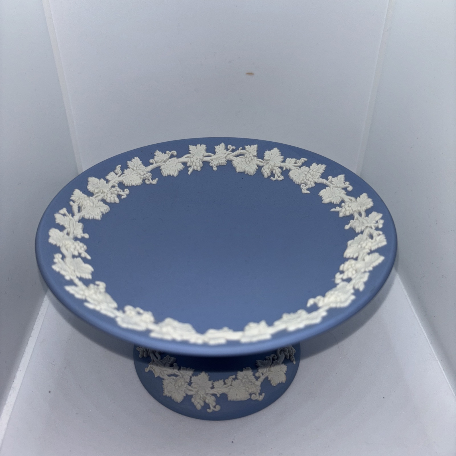 Vintage Wedgwood Blue Jasperware Compote Candy Dish Footed Pedestal 6”