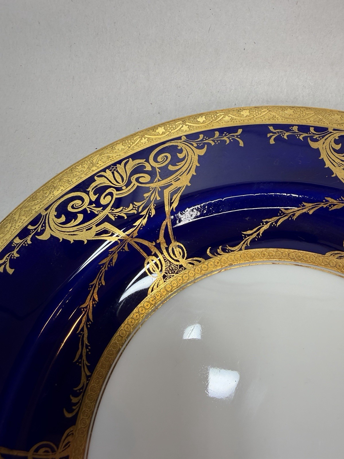 Antique Minton Porcelain 2 Dinner Plates w Raised Cobalt Blue Gold Rim 10 1/8 in