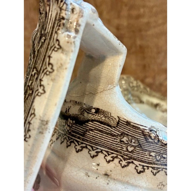 Antique Victorian Brown Transferware Octagonal Pitcher Chinoiserie 6”