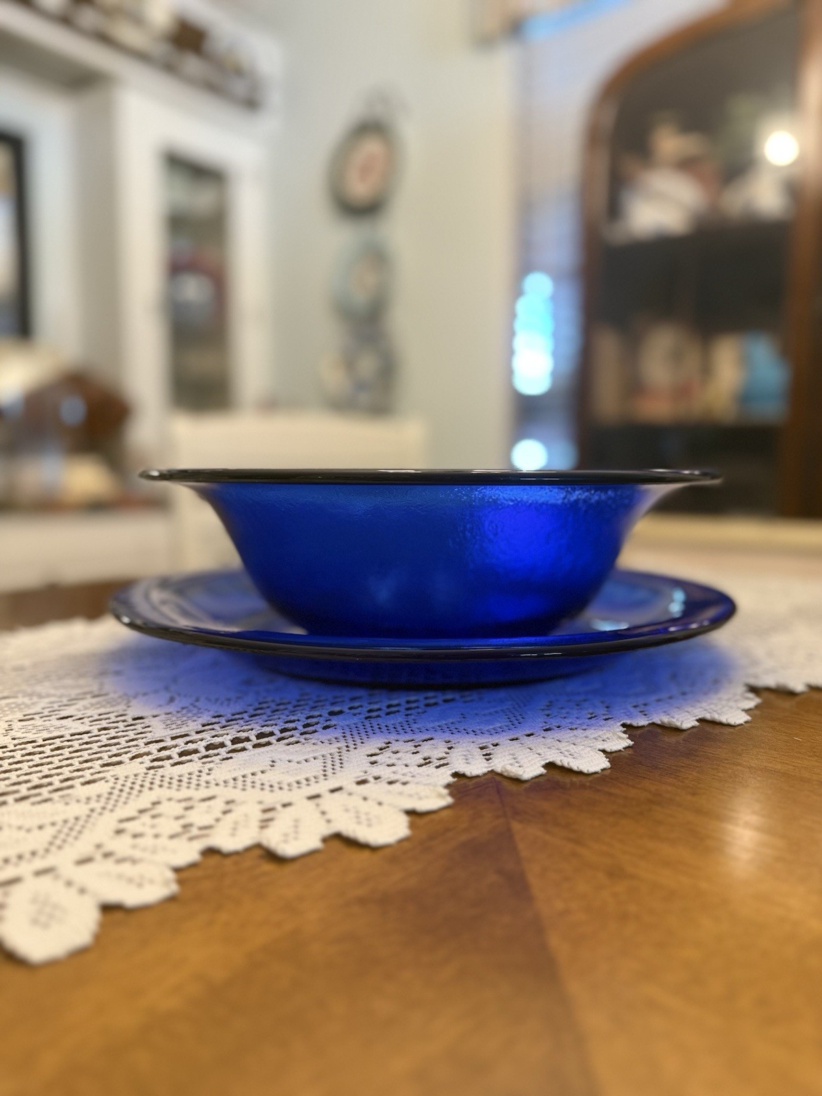 VTG Italy Cobalt Blue Texture Glass Centerpiece Set 15” Platter 13” Serving Bowl