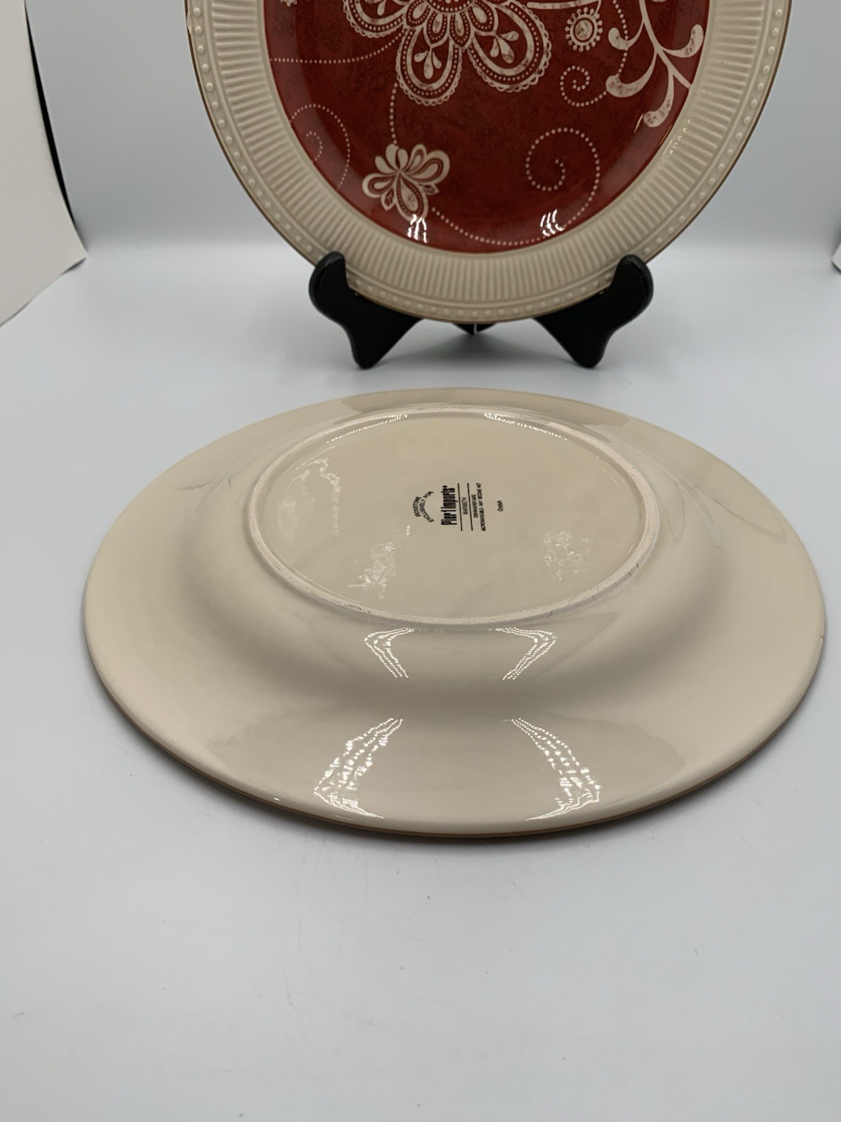 Pier 1 Maribeth Set of 2 Red Floral Cream Rim Dinner Ironstone Plates 11″