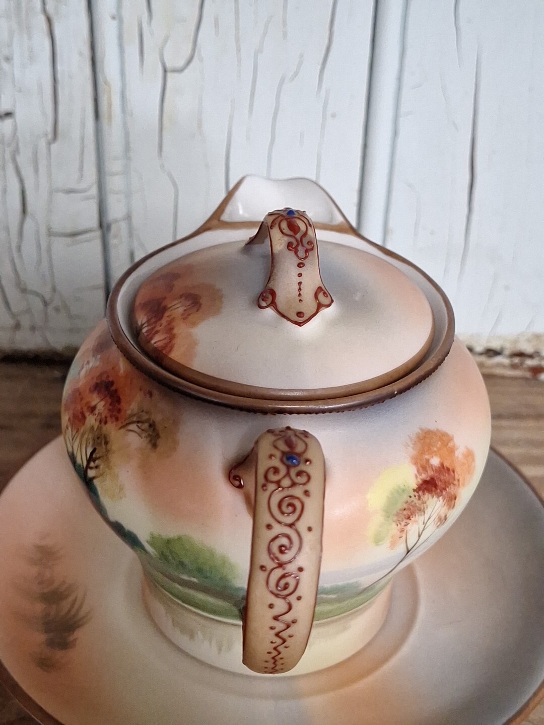 Antique Morimura Nippon Hand Painted Porcelain Creamer with lid, Saucer Moriage