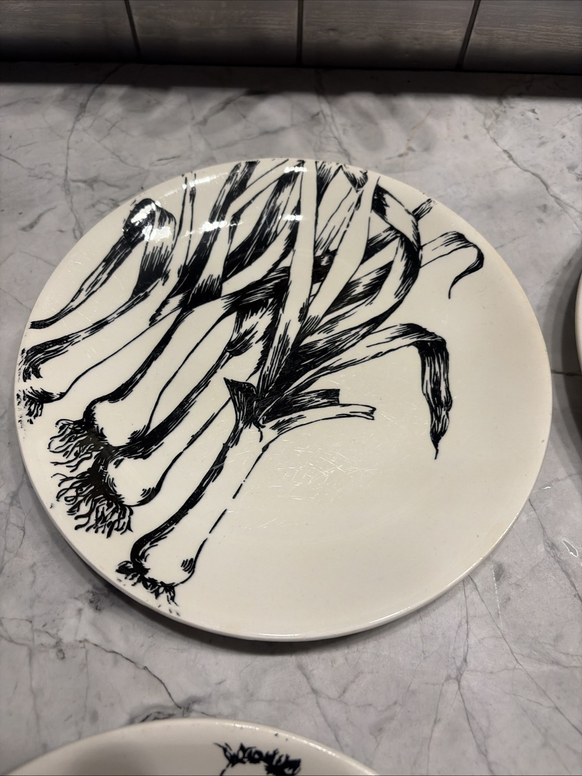 Creation Val d’Or Black & White Vegetable Botanical Plates 9.375” Diam. Set Of 6