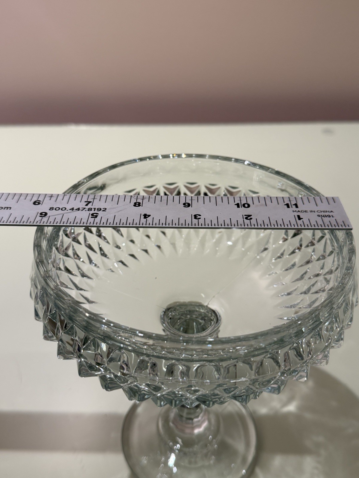 INDIANA GLASS Co. Pedestal Diamond Point Compote Candy Dish Bowl Barely Blue USA
