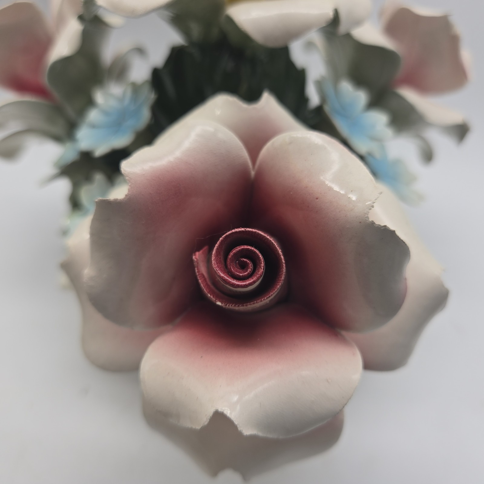 Capodimonte Italy Pink Yellow Roses Blue Ceramic Flowers Nuova Centerpiece Vtg