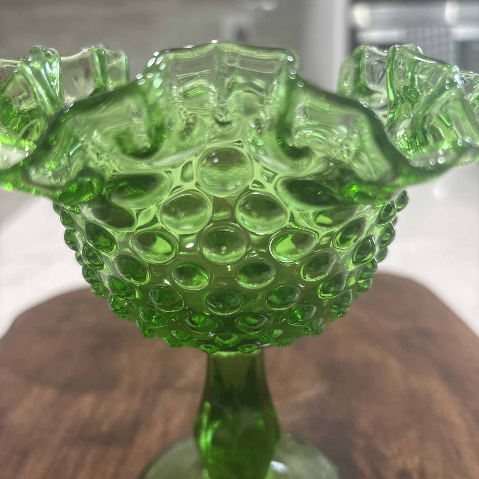 Fenton Green Hobnail Art Glass Pedestal Compote Bowl Glossy Decorative Round