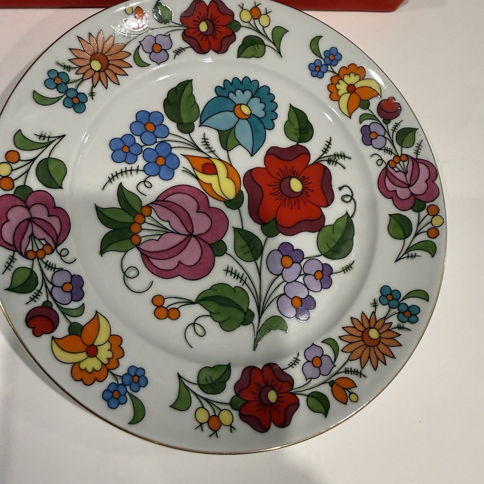 Vintage Kalocsa Hungary Handpainted Floral Porcelain Plates Set of 2 Boxed Mod