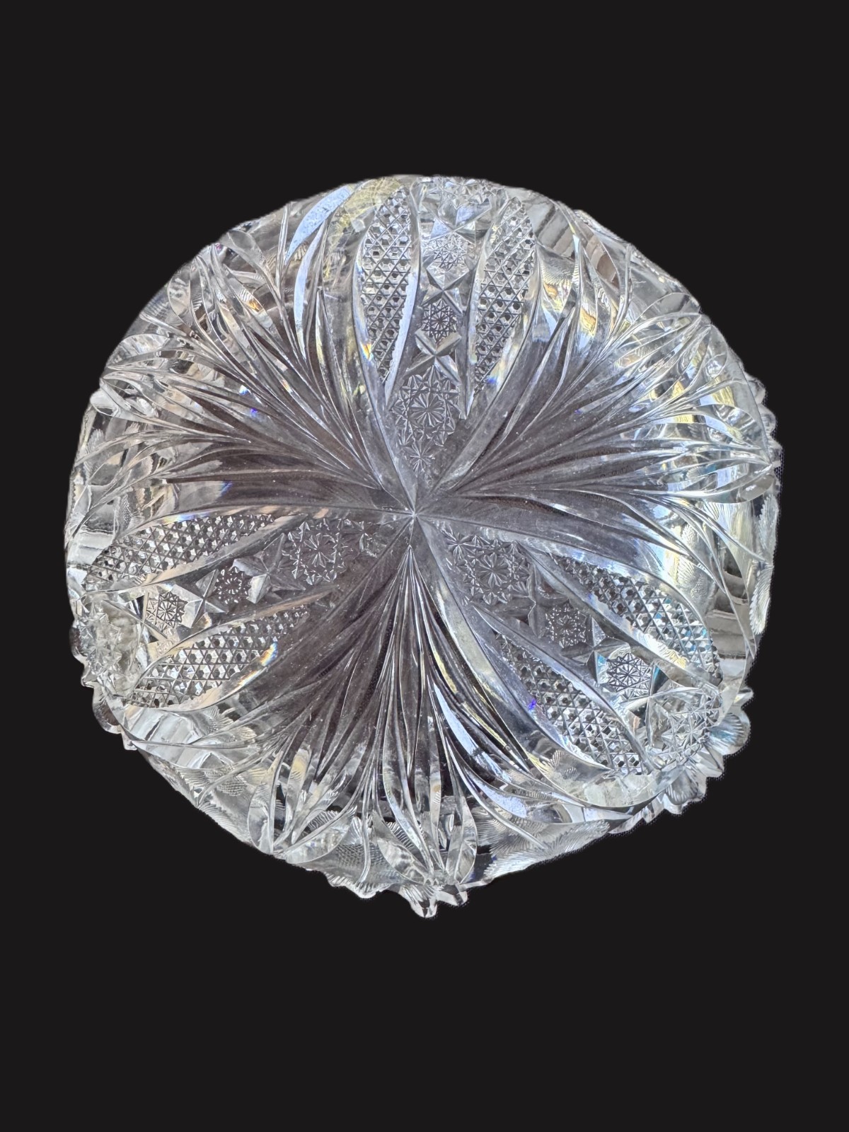 American Brilliant Period ABP Cut Glass Bowl Floral Intaglio Sawtooth 10″