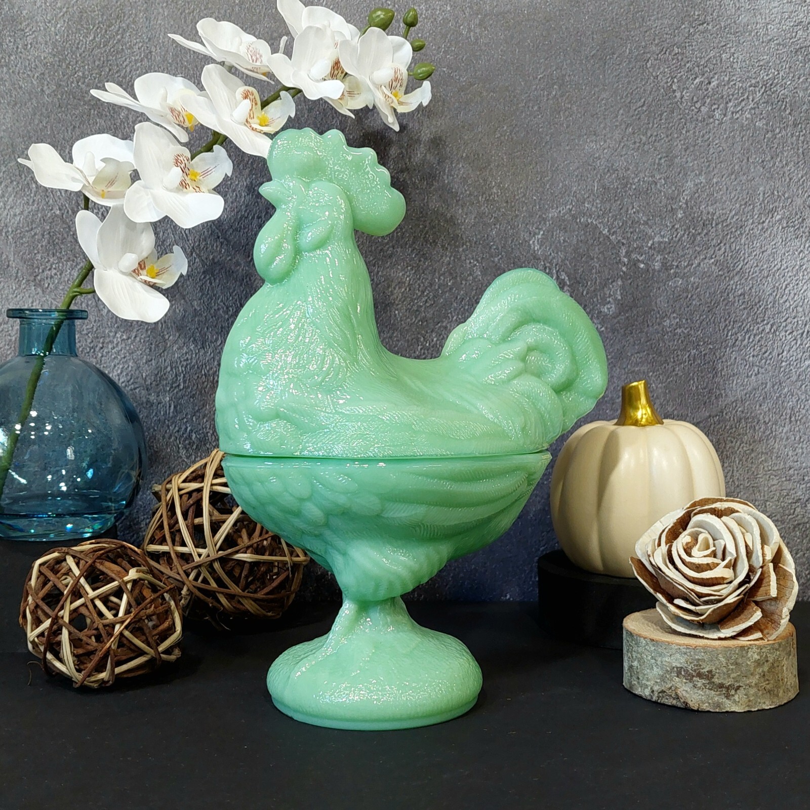 Green Jadeite Glass Depression Style Rooster Chicken Candy Dish, Hen on Nest