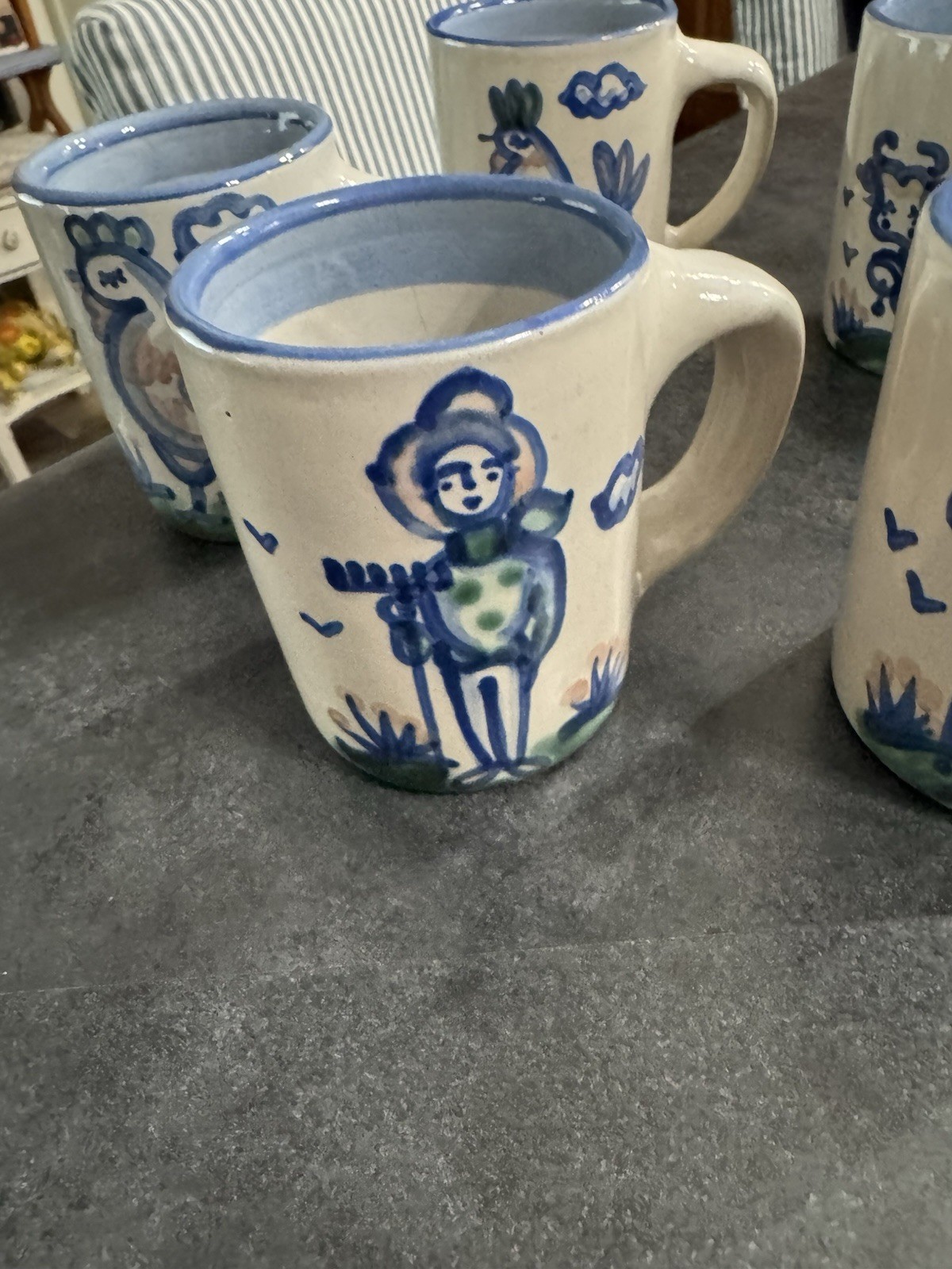 Set of 6 M.A. Hadley Pottery Mugs Hand-painted Blue Folk Art