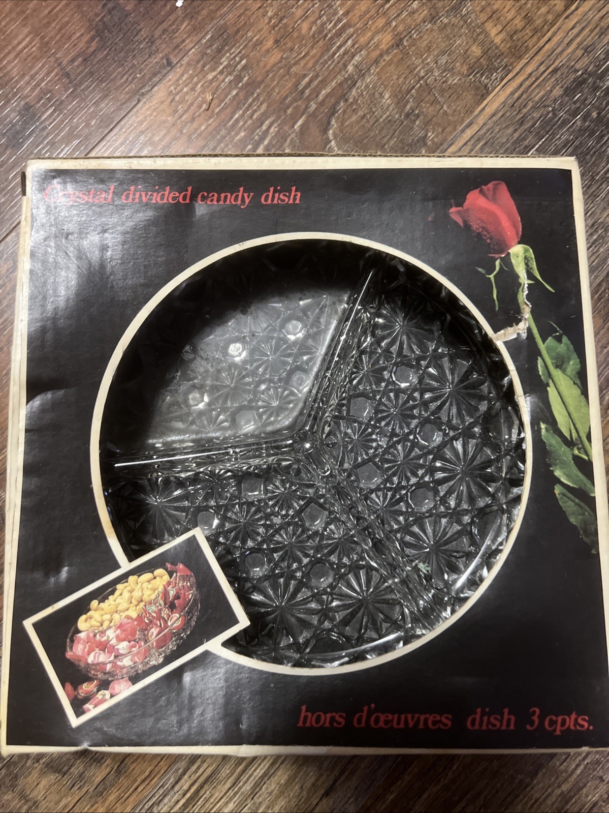 VINTAGE VERONA 7 3/8″ CRYSTAL DIVIDED CANDY DISH, MADE IN FRACE – New