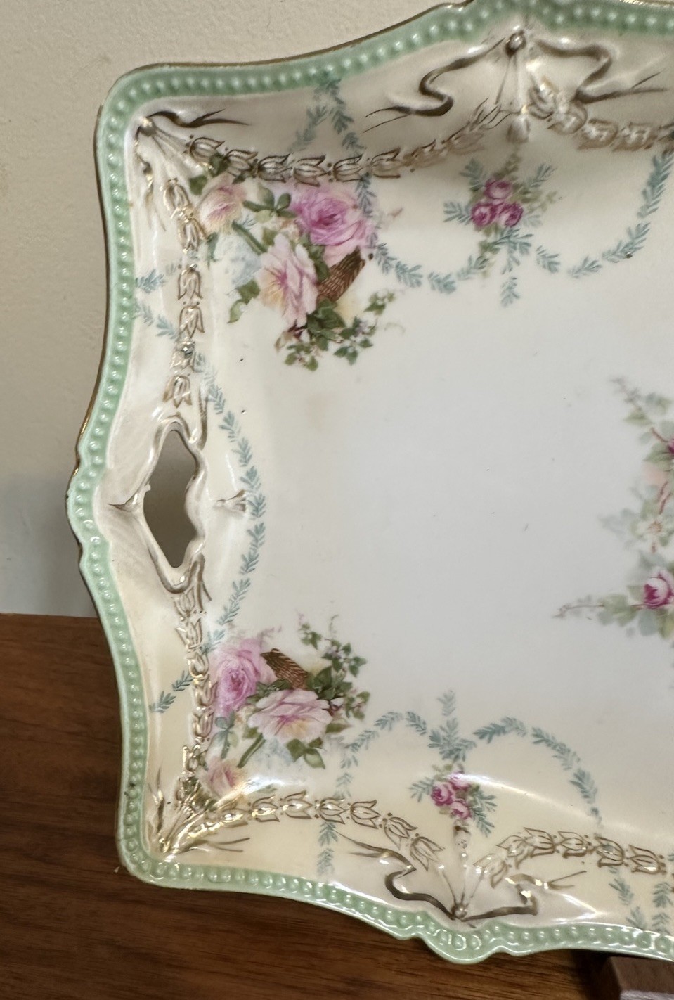 Antique RS Prussia Red Mark Blown Out Mold Dresser/Vanity Tray W/handles