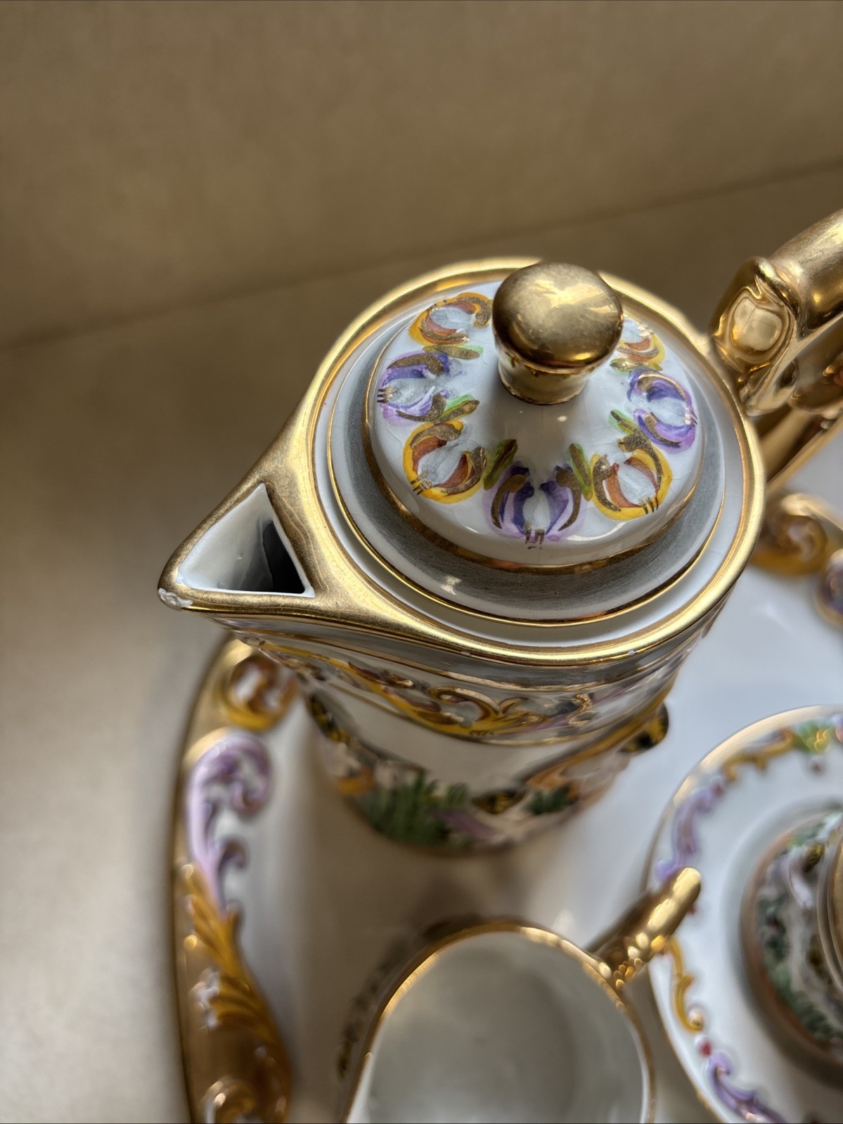 Vintage Elpa Alcobaca Cherubs Porcelain 2 Person Coffee/Tea Set & Tray Portugal