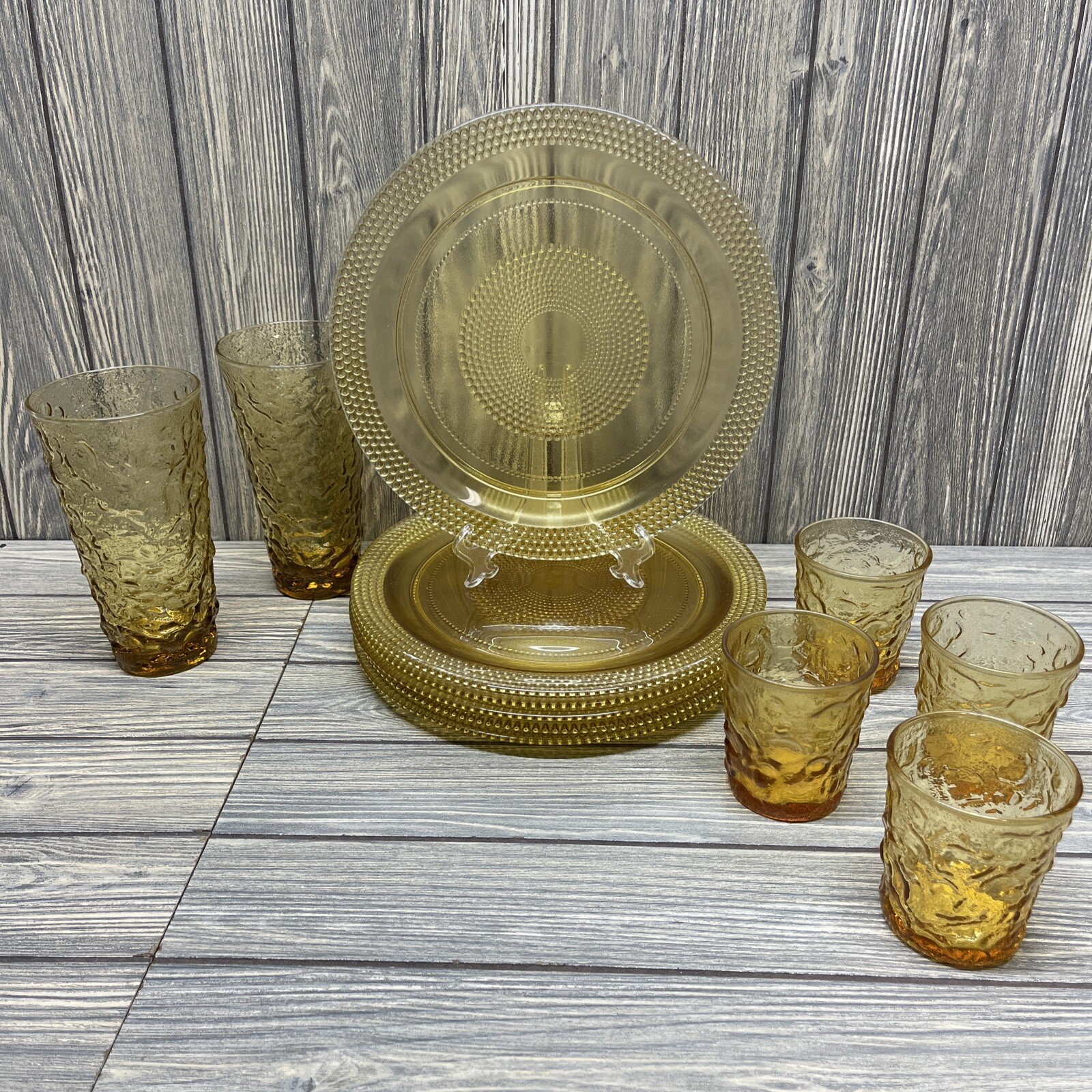 Vintage Mid Century Modern Twelve Piece Textured Amber Glass Plate & Cup Set