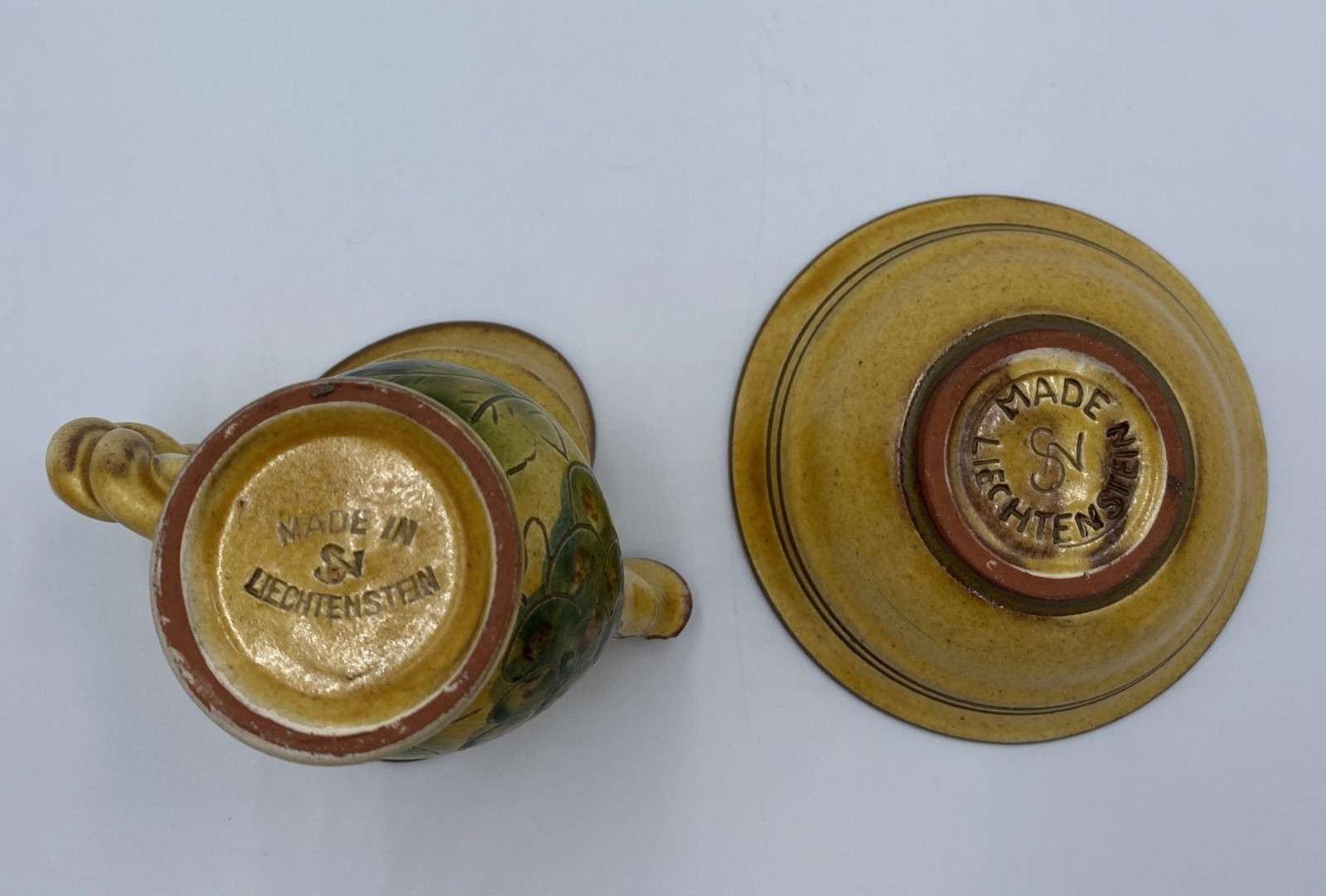 Pottery Creamer/Pitcher & Saucer, Made in SN Liechtenstein, Italian Style, Mini