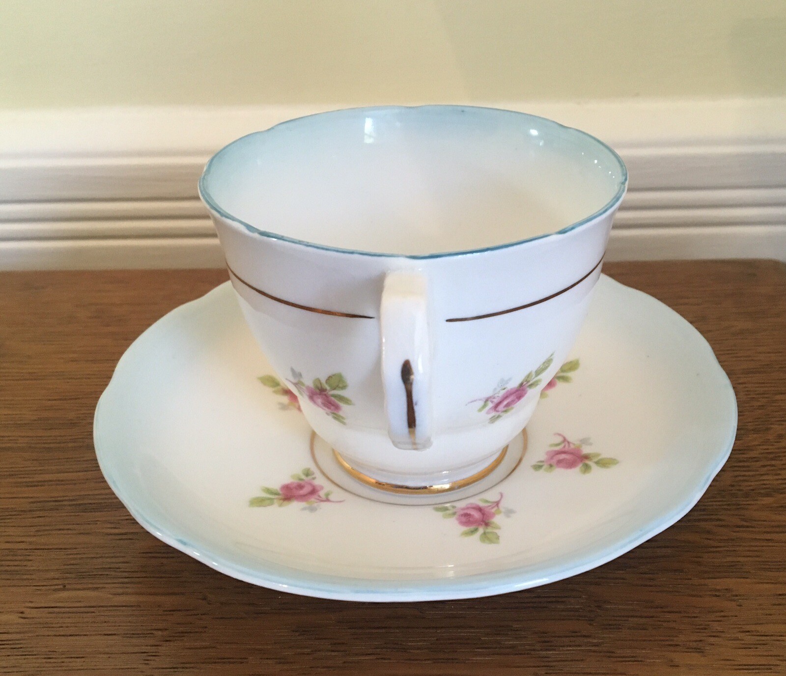 Royal Stafford Roses Pale Blue Teacup Saucer Bone China Gold Trim England 1940s