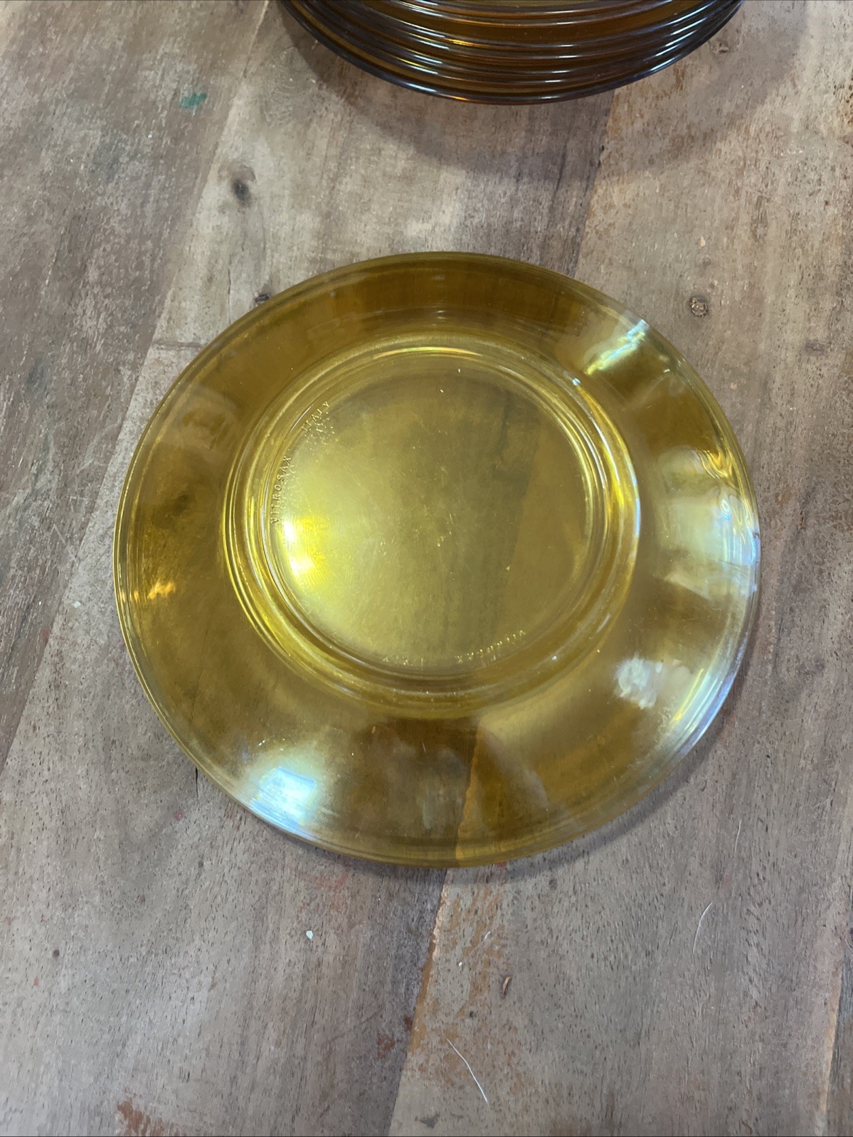 Vintage 1970’s Vitrosax Italy Amber Glass 7.25” Dinner Plates Set of 10