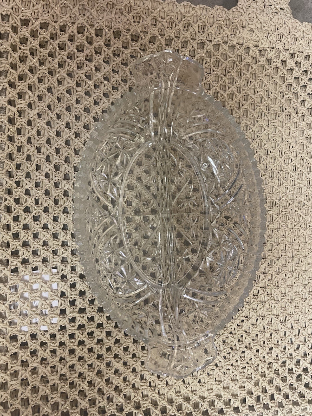 Oval Divided Clear Pressed Cut Glass Relish Candy Dish with Handles 10” Vintage