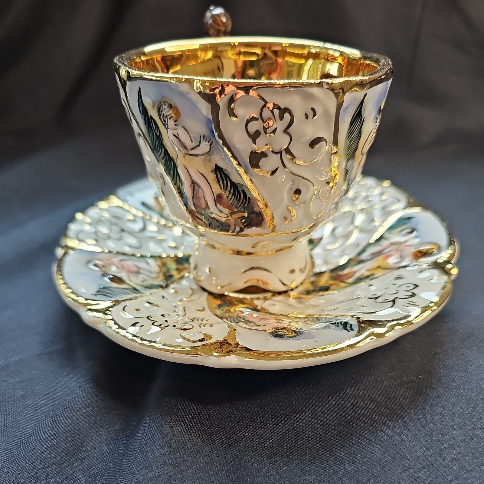 Vintage CAPODIMONTE Porcelain Hand painted Cherubs Tea Cup & Saucer, Gold Trim