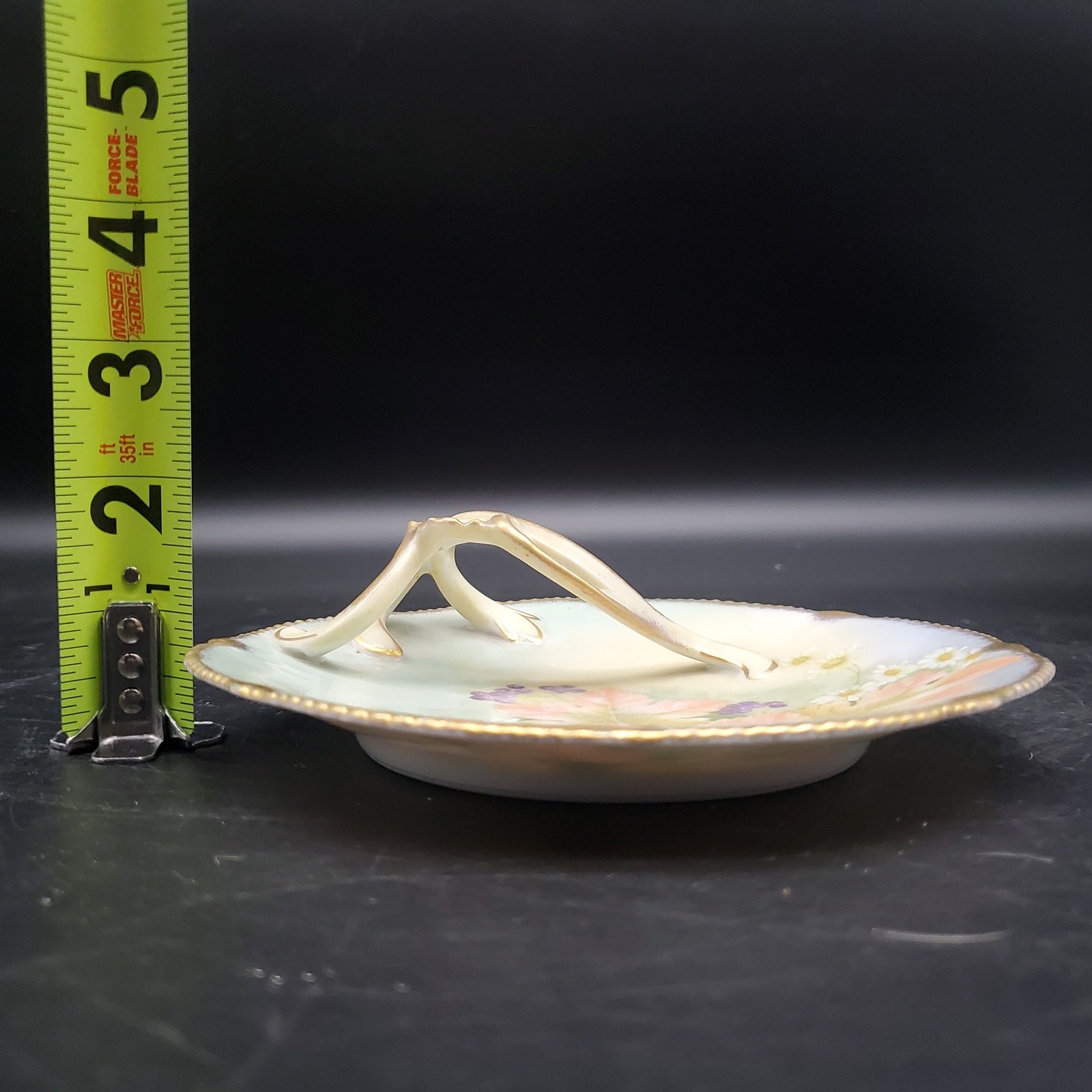 RS Prussia Style Handled Bon Bon Dish Floral Moriage Gold Gilt Handle