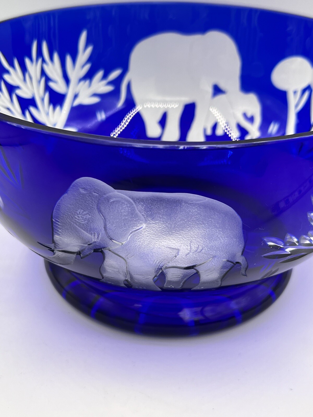Bohemian Czech Cobalt Blue Cut to Clear Etched Elephants Glass Bowl Cameo Style