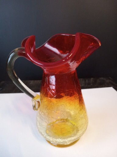 Vintage Amberina Crackle Glass Small Pitcher/Creamer Honey Amber To Red.