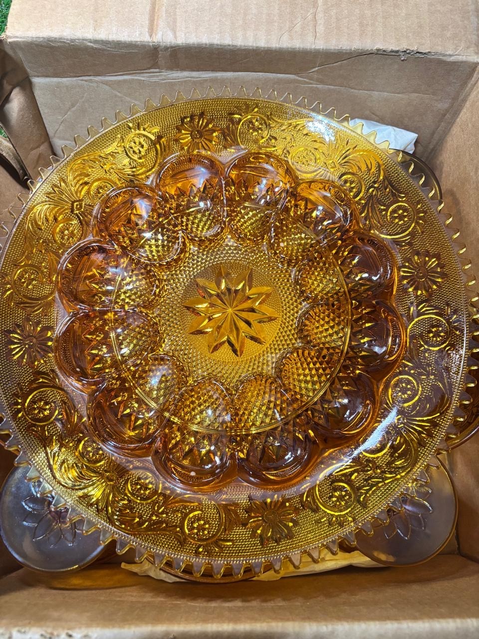 Tiara Exclusives Amber Indiana Glass Sandwich Pattern Serving Set