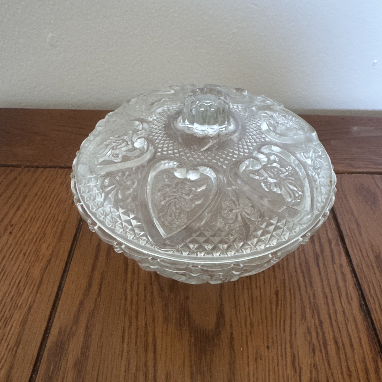 Vintage Covered Candy Dish Clear Pressed Glass Hearts and Roses