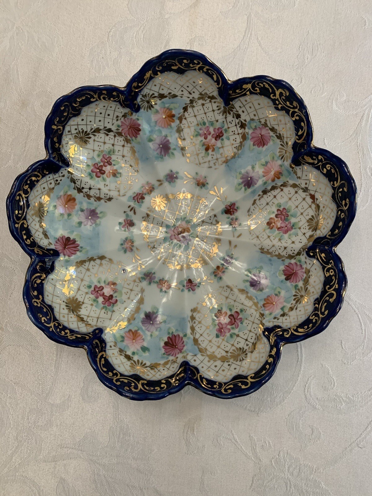 Antique Nippon Hand Painted Gold Cobalt Blue PINK & YELLOW FLOWERS Serving Bowl