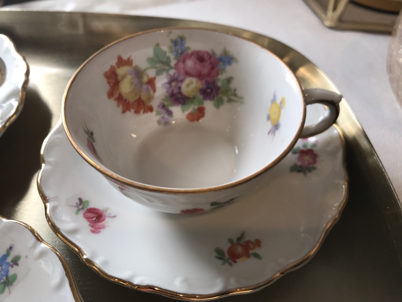 VTG Mitterteich Bavaria Meissen Floral Teacup & Saucer, Set of 4, Gold trim EUC