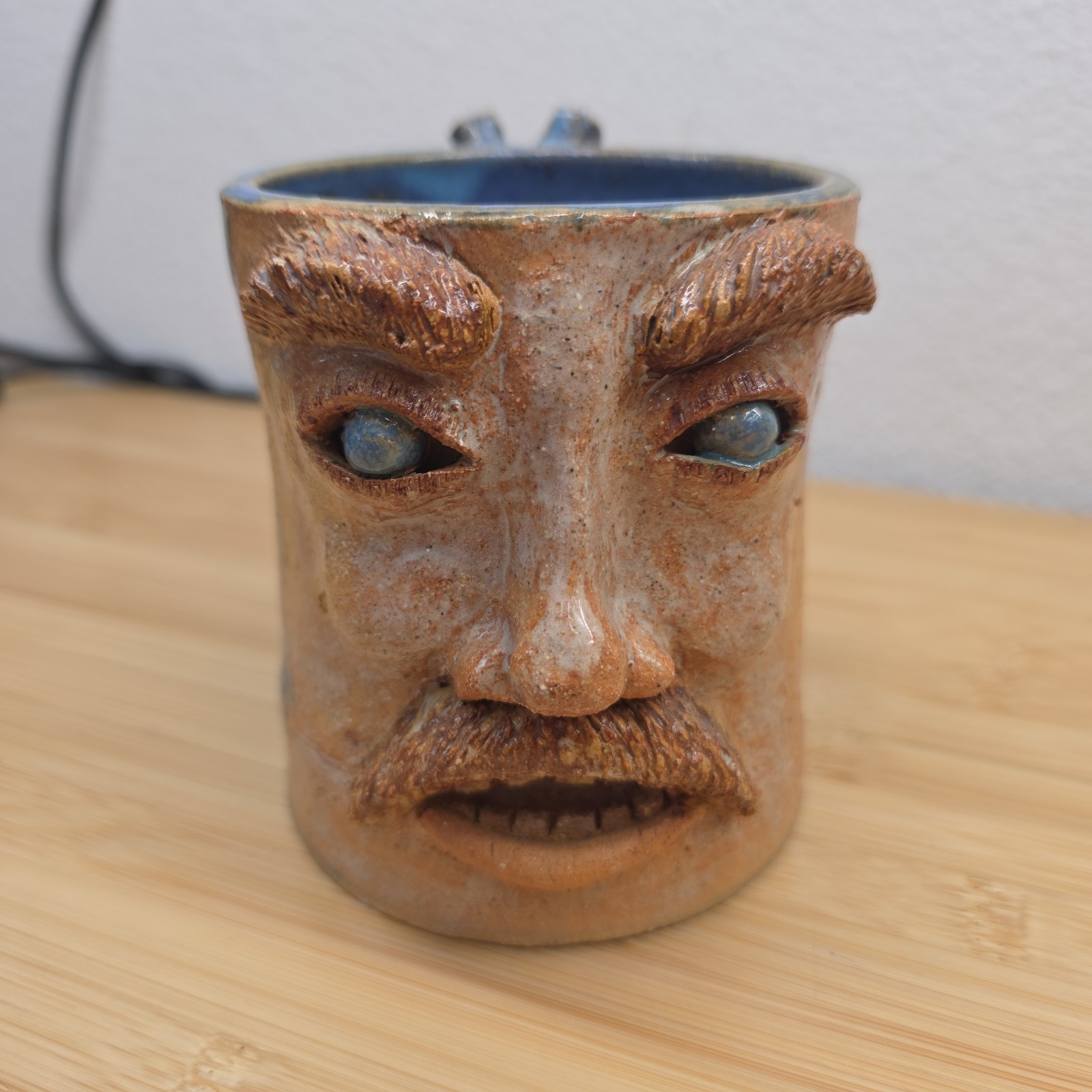 Hand Made Studio Art Pottery Unique Folk Art Man W/Mustache Face Mug Ugly