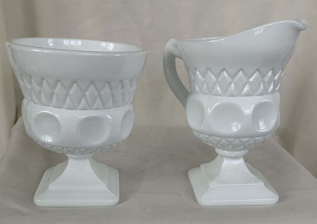 Indiana Kings Crown Thumbprint Milk Glass Set of Creamer and Sugar