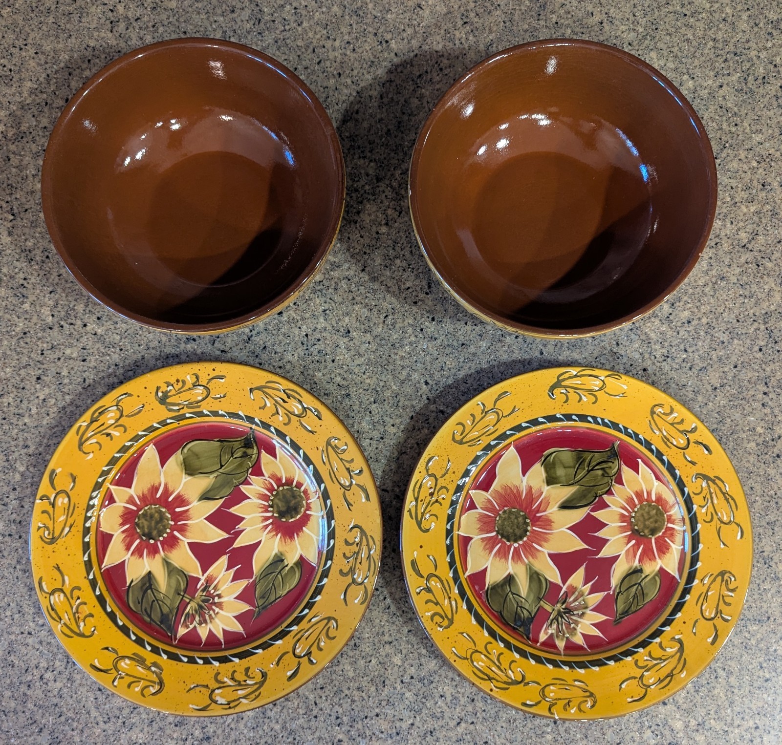 Pier 1 Imports Sunflower Hand Painted Terracotta 6 3/4″ Bowl and 8 1/4″ Dish Set
