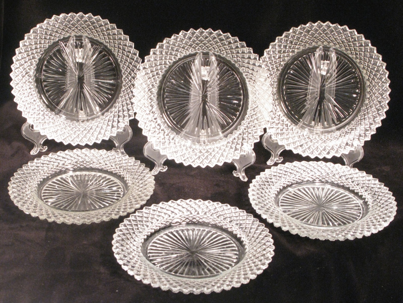 Set of 6 Vintage Clear Pressed Glass Luncheon Dessert Plates Diamond Cut Pattern