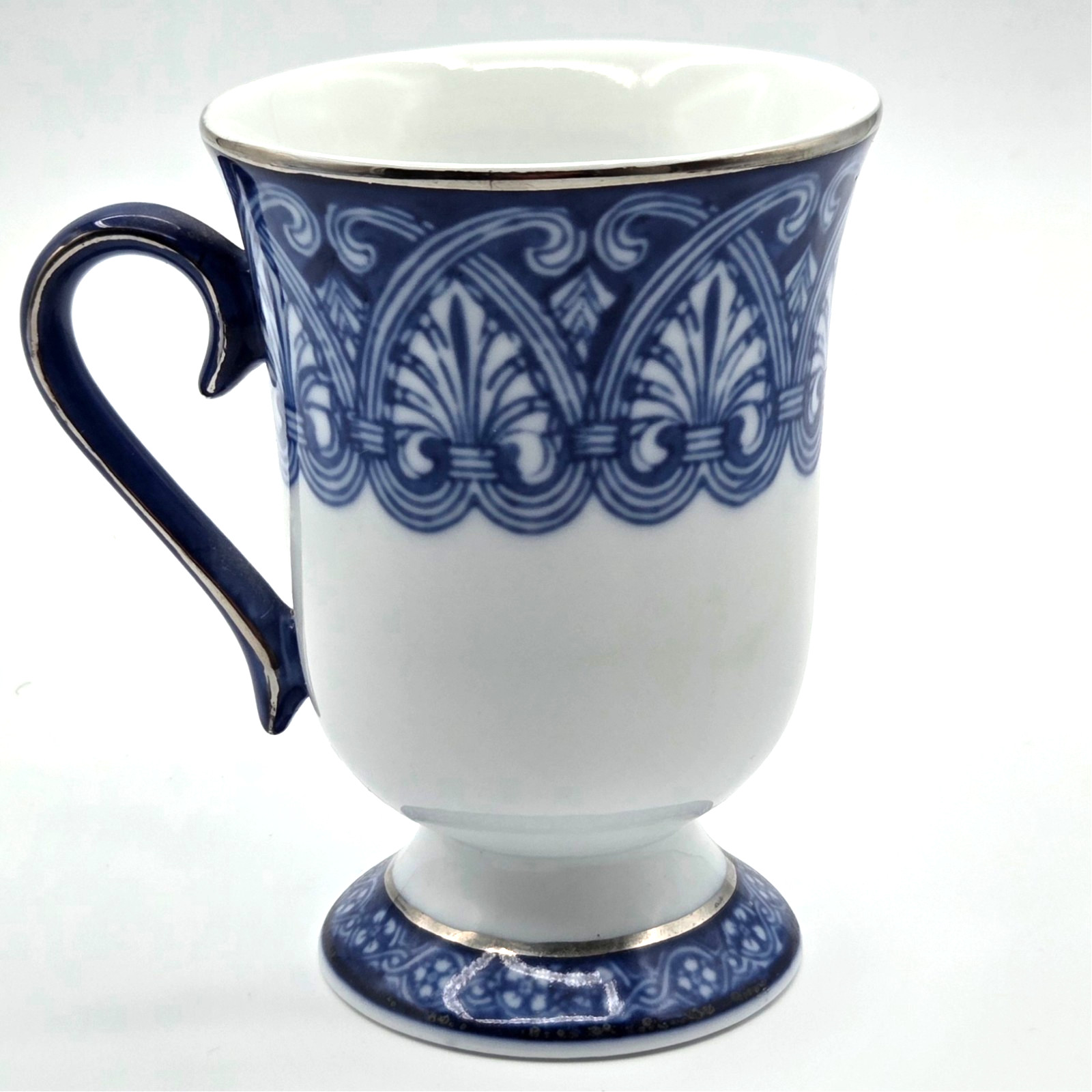 Bombay Arabesque Tile 4.5″ Footed Blue White Platinum Trim Tea Cup