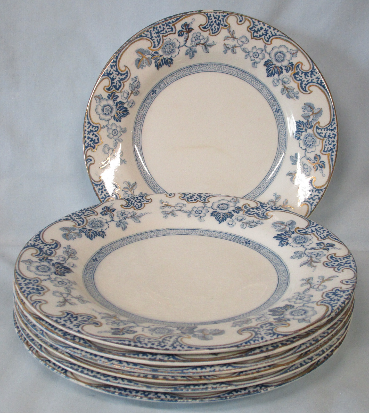 J & G Meakin Flow Blue With Gold Yokohama Salad Plate 9″ , Set of 9 “AS IS”