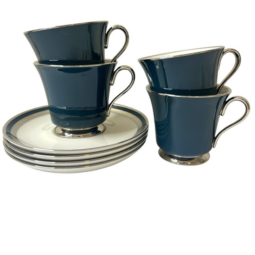 Gorham Black Contessa Fine China Set Of 4 Cups & Saucers USA Elegant Dining