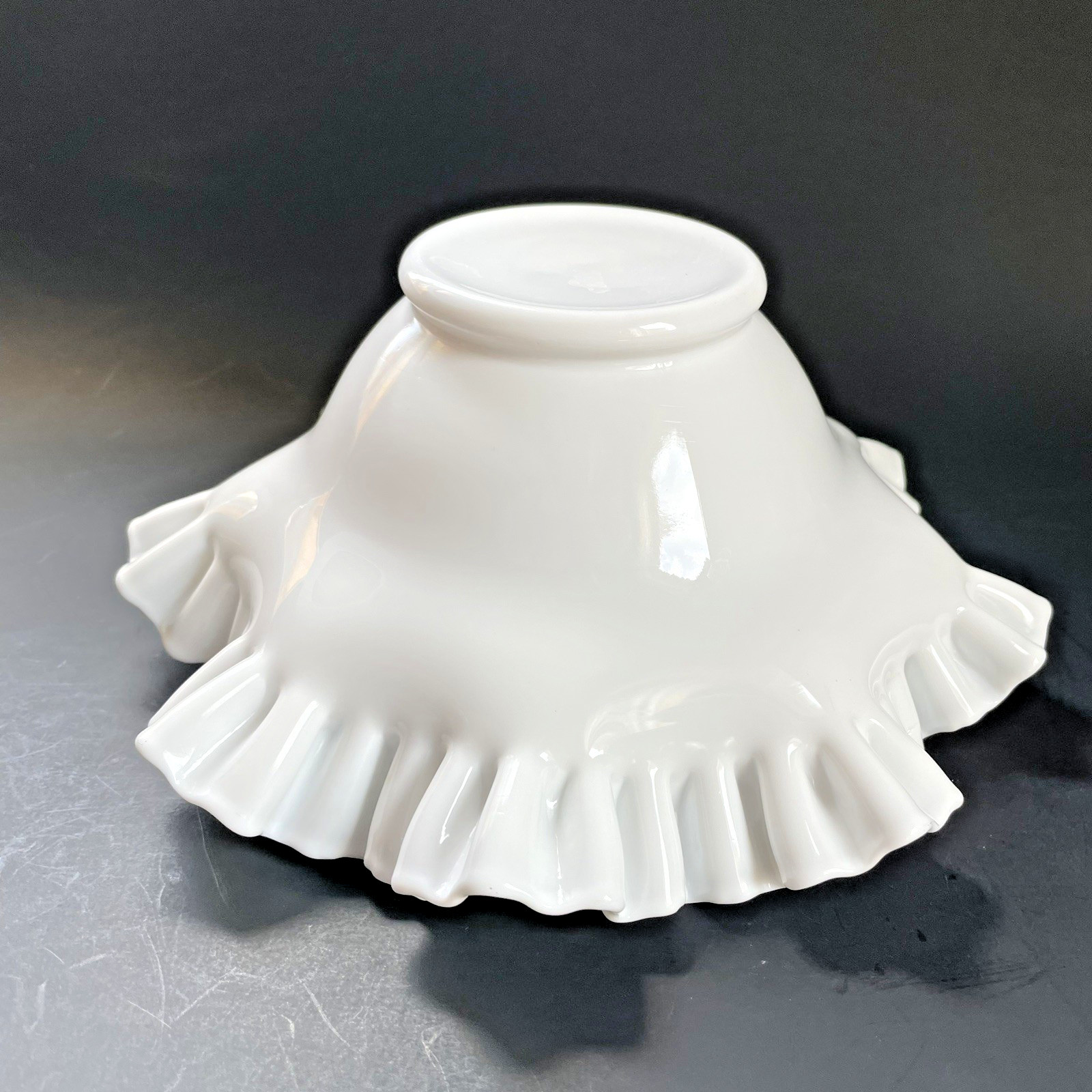Vintage White Milk Glass Bowl Ruffled & Crimped Edge 9 1/2” x 4 1/2” tall