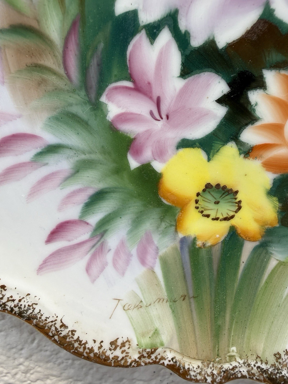 Vtg Set 3 Hand Painted Floral Wall Plates Signed UCAGCO Japan Gold