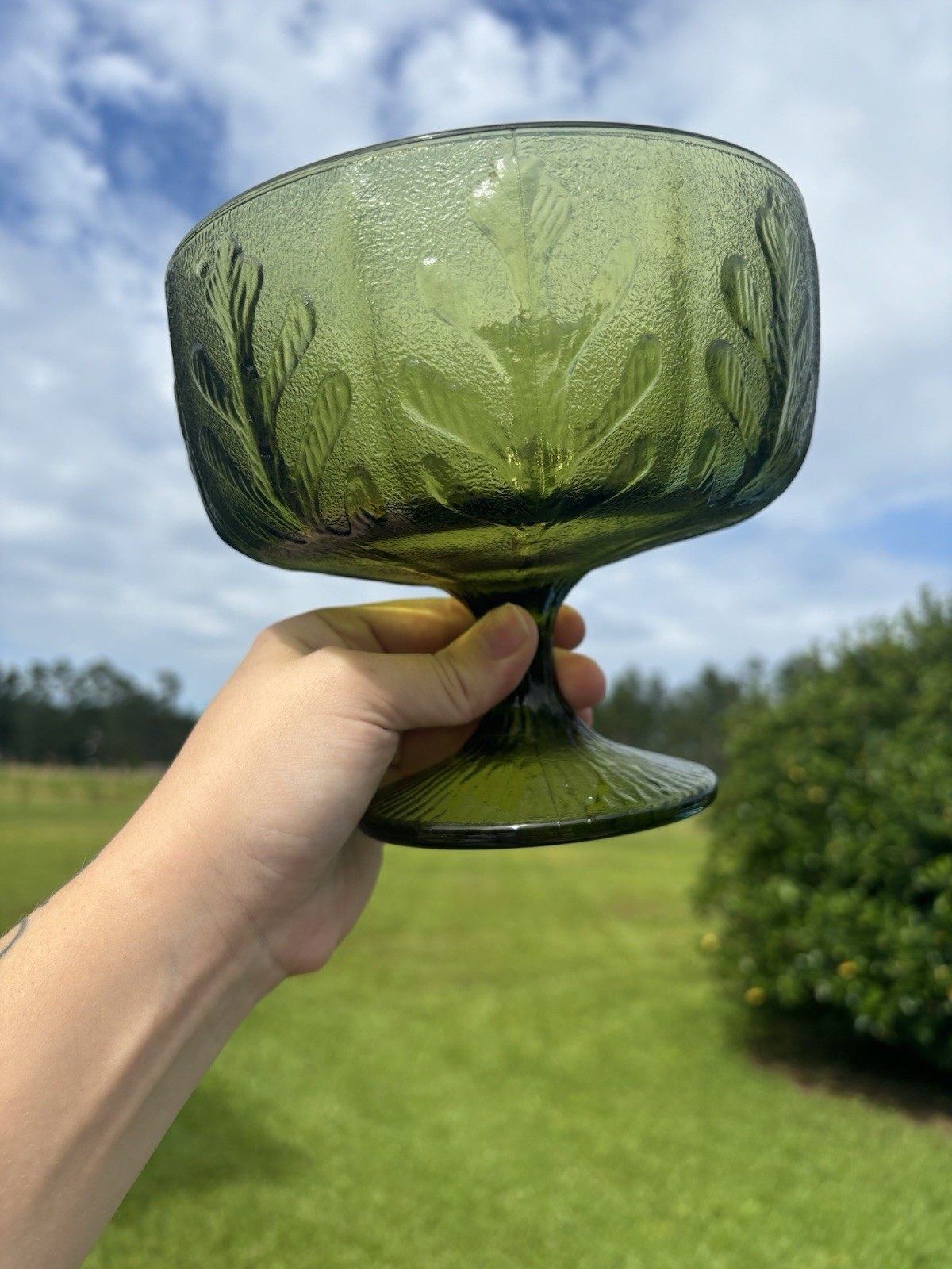 Green Pressed Glass Thistle Floral Pattern Footed Compote Pedestal Bowl
