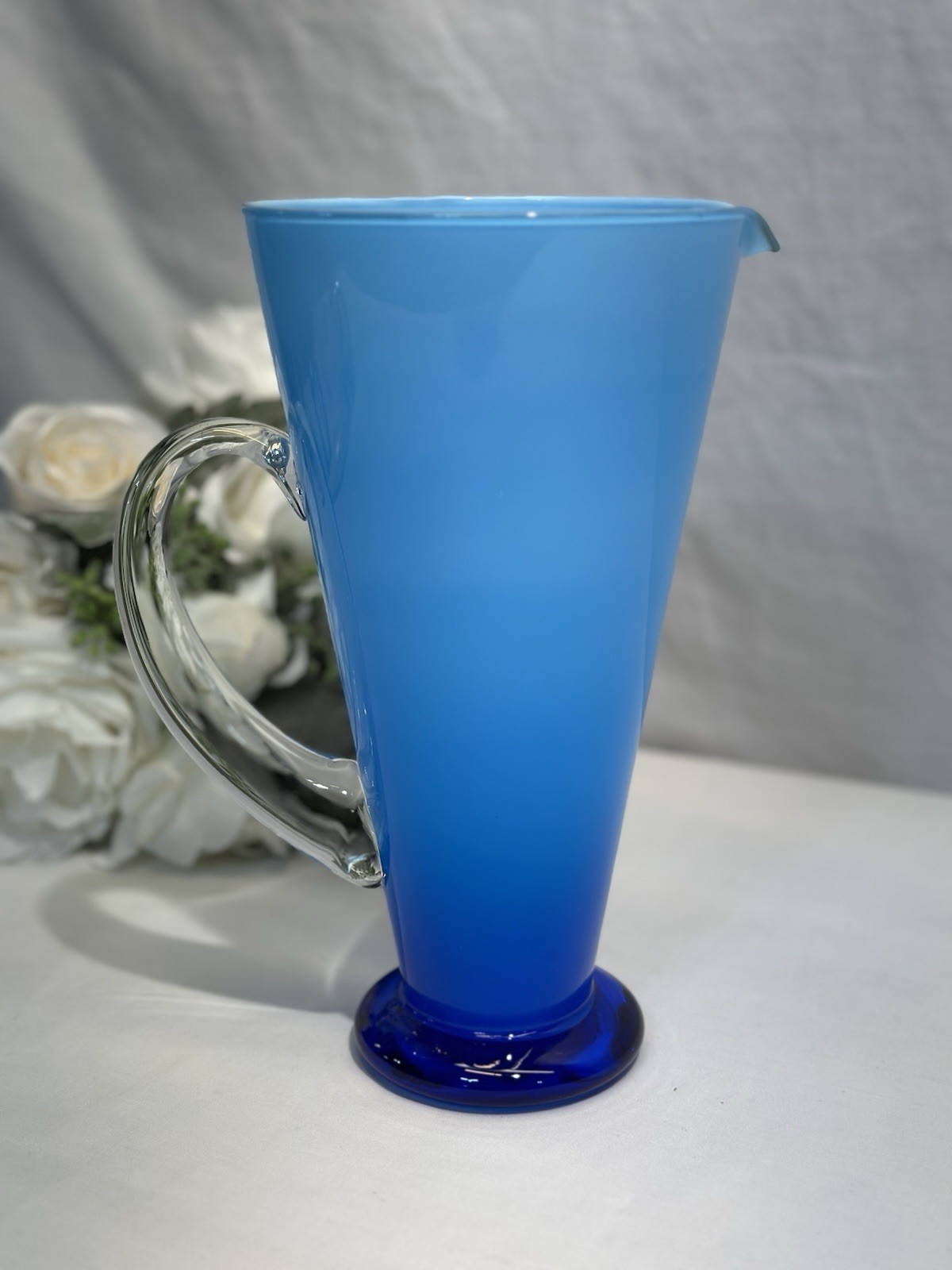 Vintage Gorgeous Italian Pitcher Blown Art Glass Ombré Blue Clear Handle 9.25”