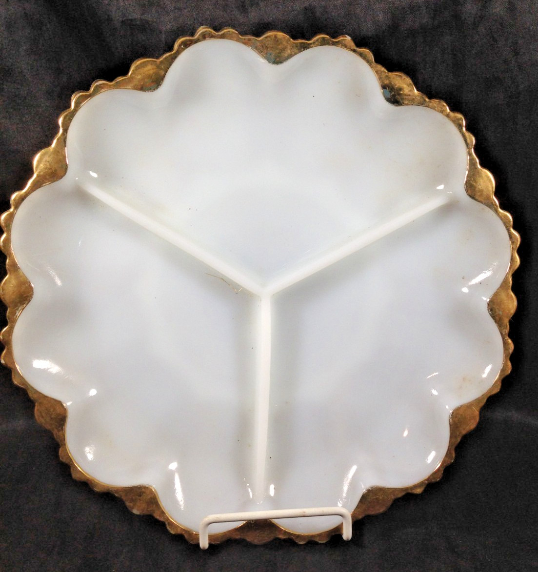 Vintage Anchor Hocking Milk Glass Divided Relish Vegetable Dish Gold Trim