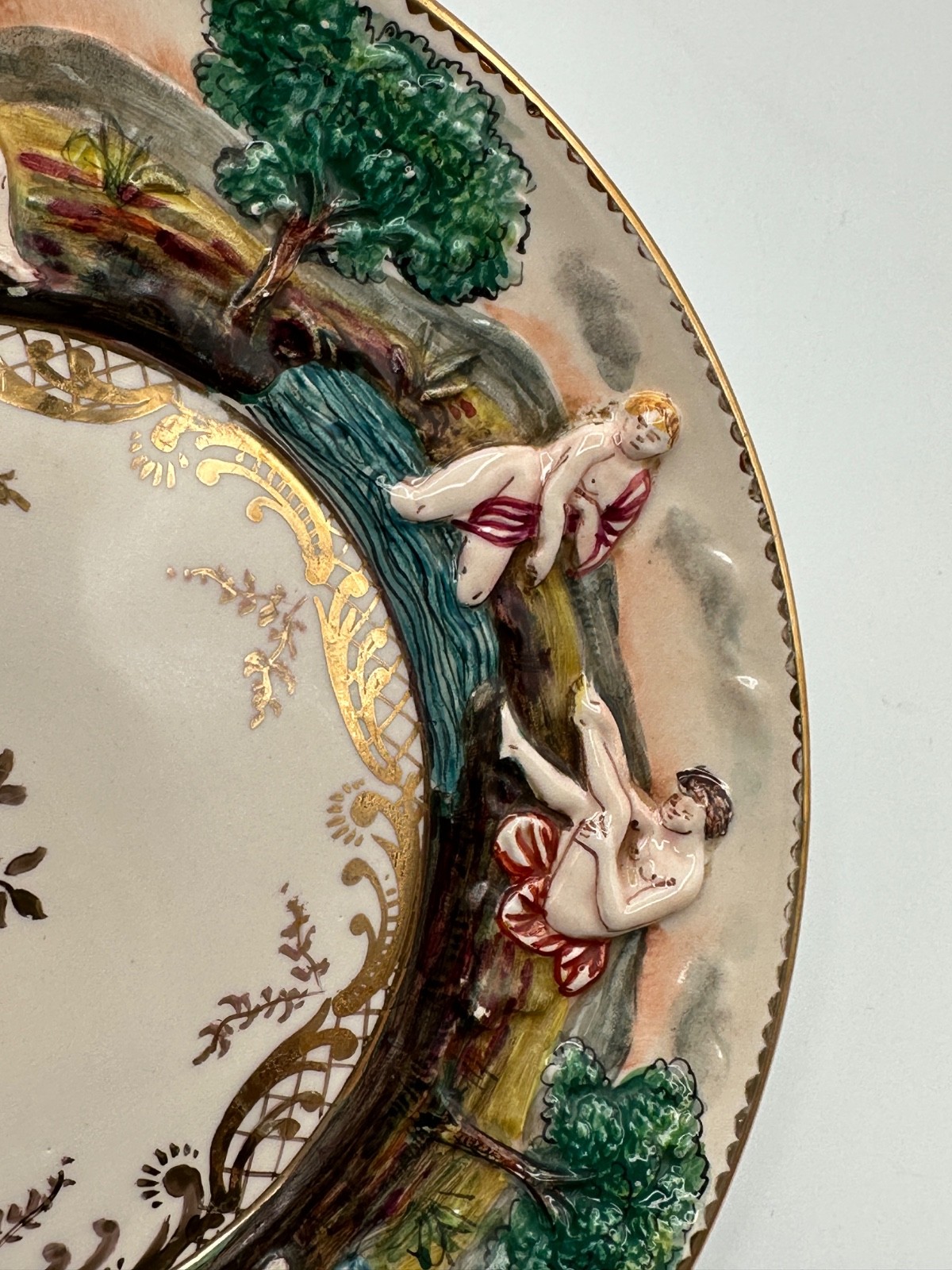 Pair Vintage Italian Capodimonte 7.5” Hand Painted Figural Relief Plates