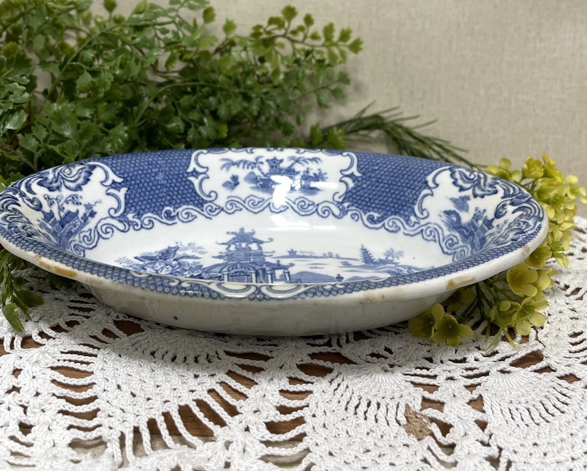 Allertons Chinese Blue Oval Serving Vegetable Bowl Pagodas 9 In OLD Back Stamp