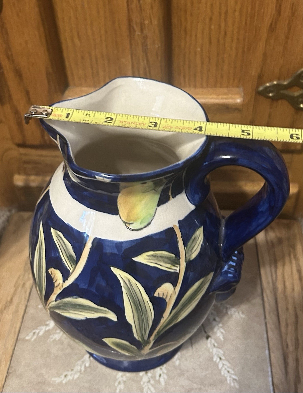 Dept. 52 – Handpainted Cobalt Blue Ceramic Pitcher, Yellow Fruit