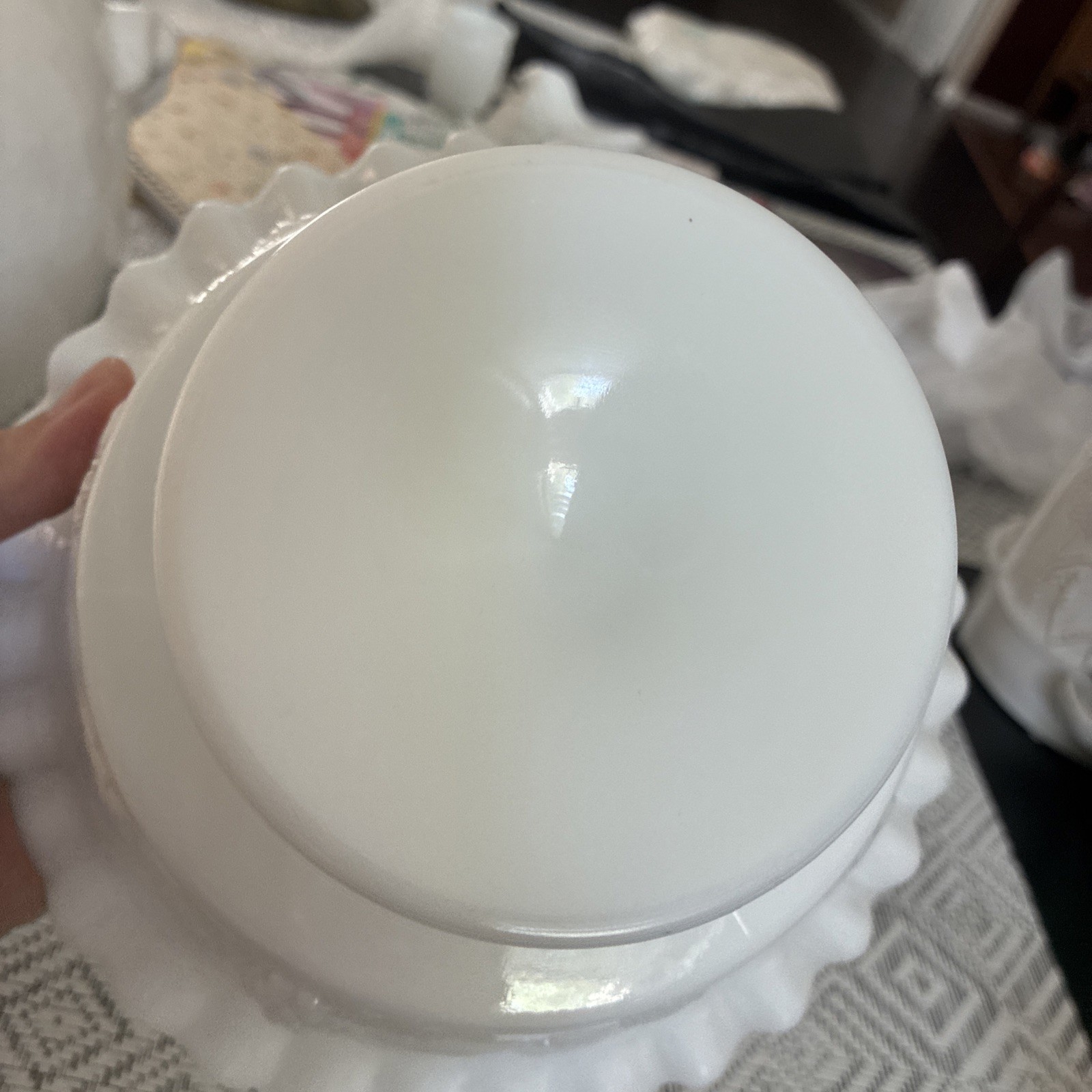 Ruffled Edge Milk glass Pedestal Fruit Bowl 8”