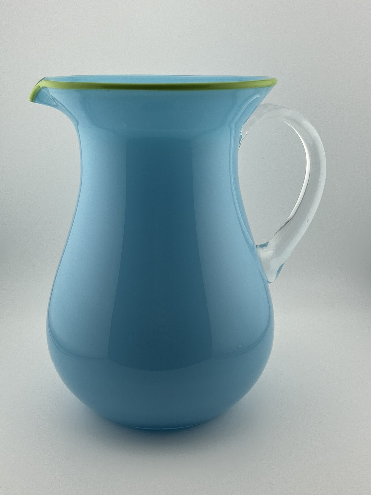 Vintage Kanawha Art Glass Pitcher Aqua Blue Clear Handle Mid Century Modern 1960